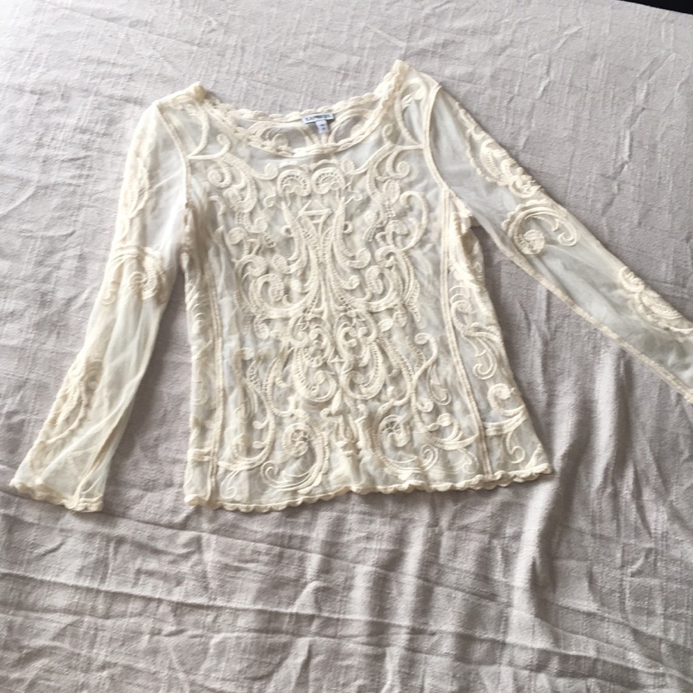 Express Mesh Ivory Embroidered Long Sleeve Shirt